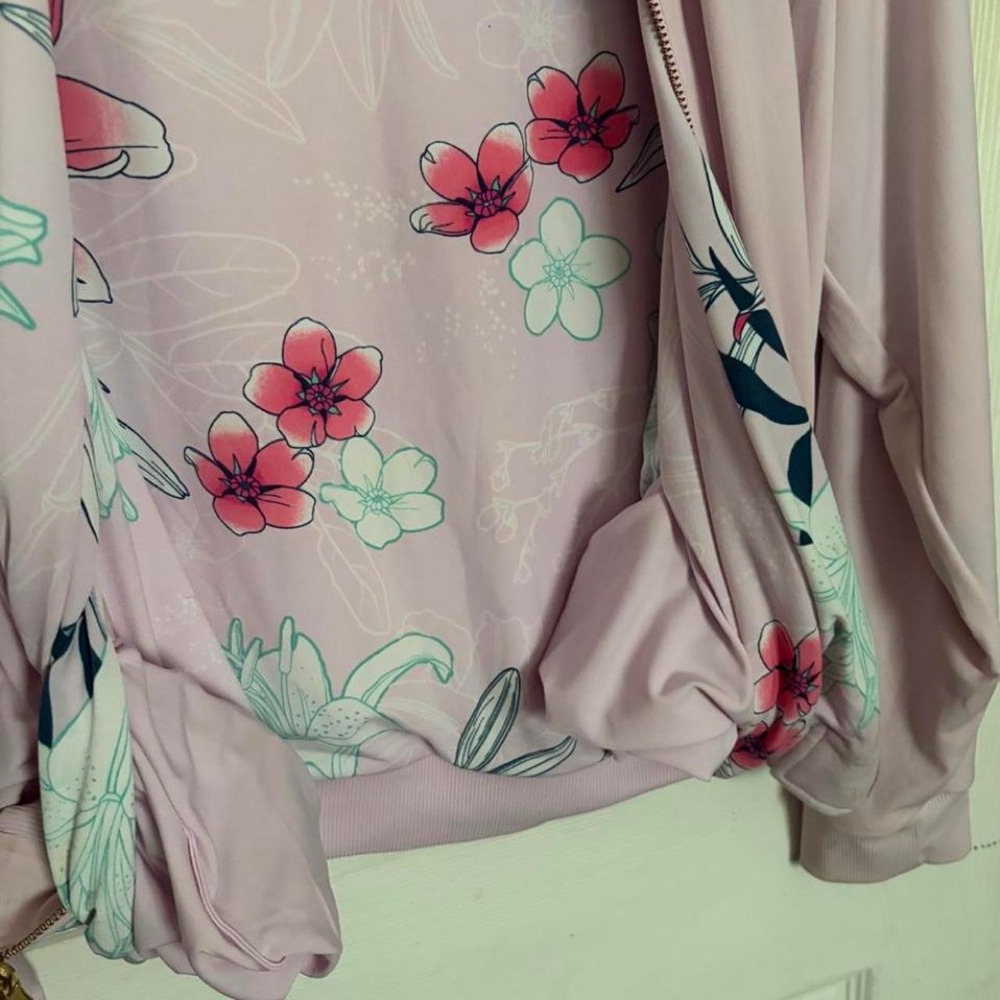 Reversible Floral Bomber Jacket Pink Lavender Full Zip Lightweight Windbreaker